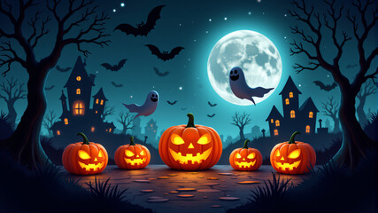 Fototapeta premium Spooky Halloween Night with Jack-o'-Lanterns and Bats
