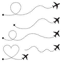 Airplane dotted route line setpath travel line shapes with start point and dash line trace for 
plane vector silhouette 