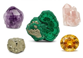 Gemstones display variety on white background