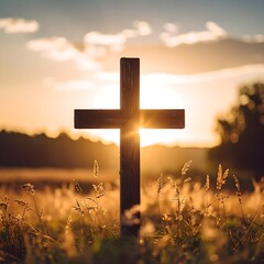 Wooden cross at sunset