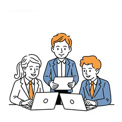 A business team is working together on laptops, they are collaborating and discussing ideas in the office