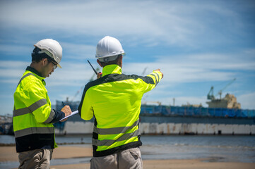 Fototapeta premium Coastal officials are inspecting the shoreline used for mooring large cargo ships