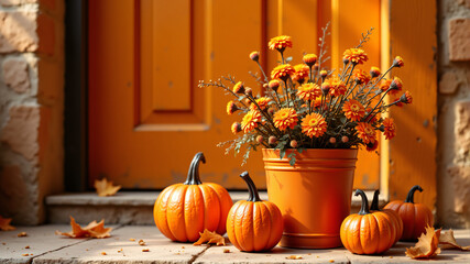 Charming Autumn Decor with Pumpkins and Flowers