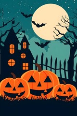 Spooky Halloween Night Jack-o'-lanterns, Haunted House, and Bats under the Full Moon