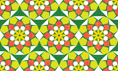 The fabric pattern is a geometric shape that is stacked in a circle. There are ovals, circles, triangles, squares and pentagons mixed colors with a green background.