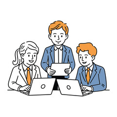 A collaborative team of three professionals working together on laptops and a tablet, , showcasing teamwork and modern office environment