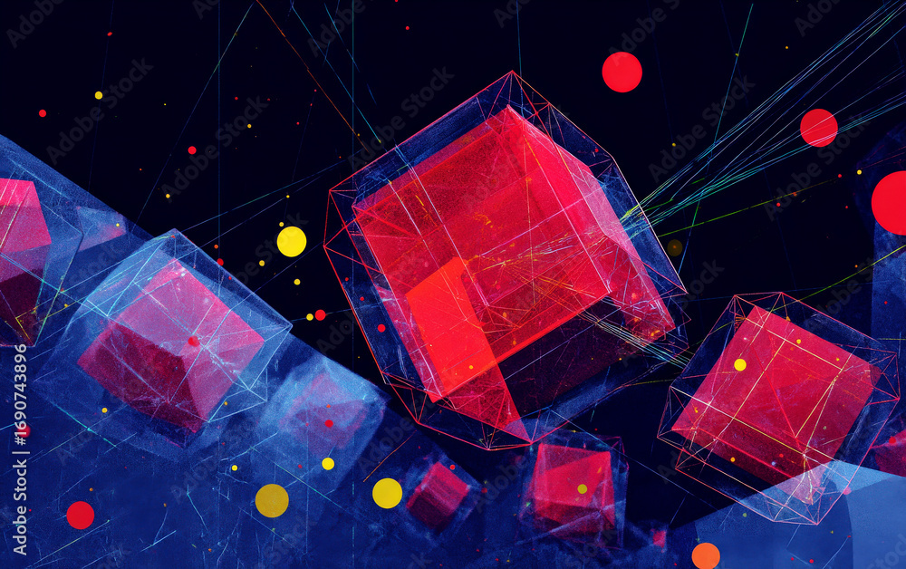 Aufkleber abstract geometric cubes with colorful dots and lines in the background