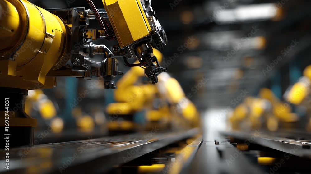 Poster a dynamic, low-angle view showcases robotic arms working in a modern, automated factory setting, emp