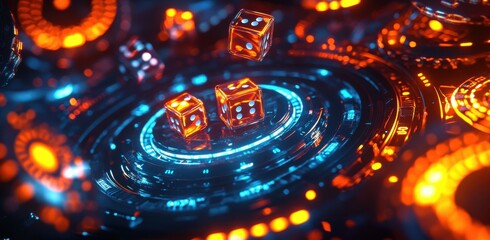 Futuristic glowing cube surrounded by abstract cyber elements and orange sparks
