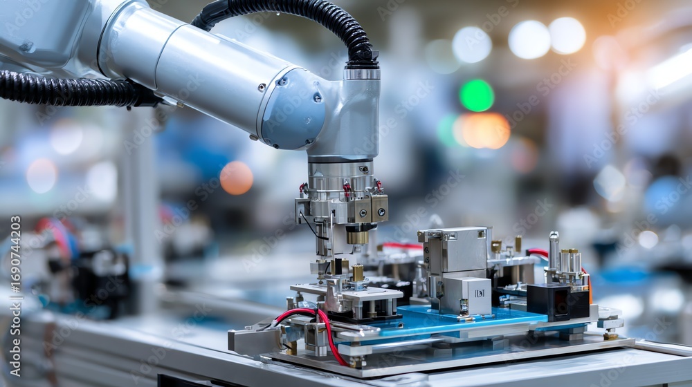 Poster a robotic arm meticulously assembles intricate components on a circuit board within a modern, automa