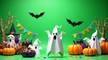 Fototapeta premium Creative Halloween Decorations with Paper Ghosts and Pumpkins
