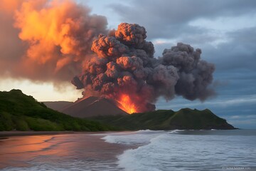 A Majestic and Terrifying Volcanic Eruption on a Tropical Island Coastline at Sunset