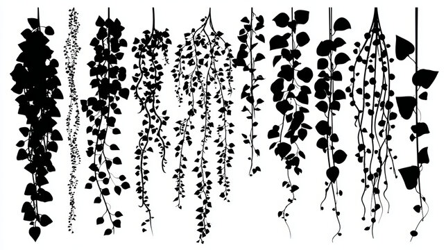 Isolated on white is a cartoon creeper silhouette design element. Black-shaped clipart set of jungle plants. Ideal for cricut design one-color silk screen printing 