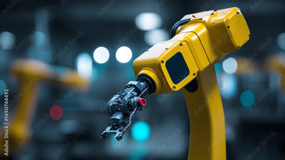 Poster a vibrant yellow robotic arm extends with precision in a modern industrial setting, showcasing the p