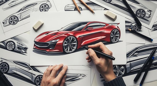 Top view of artist drawing car design on paper with pen and markers on table, creative process and automotive concept - Powered by Adobe