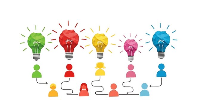 Colorful light bulbs connected to diverse people icons, symbolizing teamwork, collaboration, and creative ideas isolated on white background