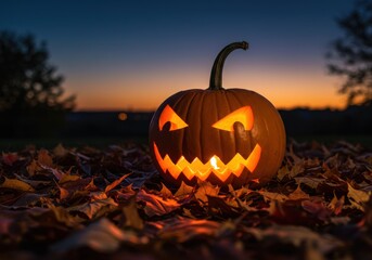 Glowing jackolantern on autumn leaves at dusk halloween pumpkin