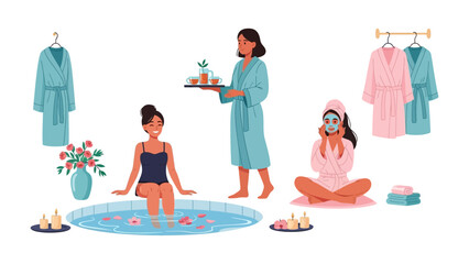 Relaxing spa day with women enjoying a hot tub facial treatments and spa robes in a tranquil wellness center environment