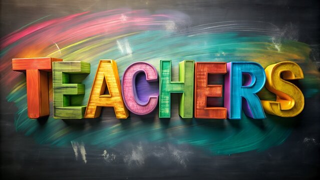 Photo of colorful 3d letters spelling out teachers with a vibrant, abstract paint stroke background, symbolizing creativity and diversity in education