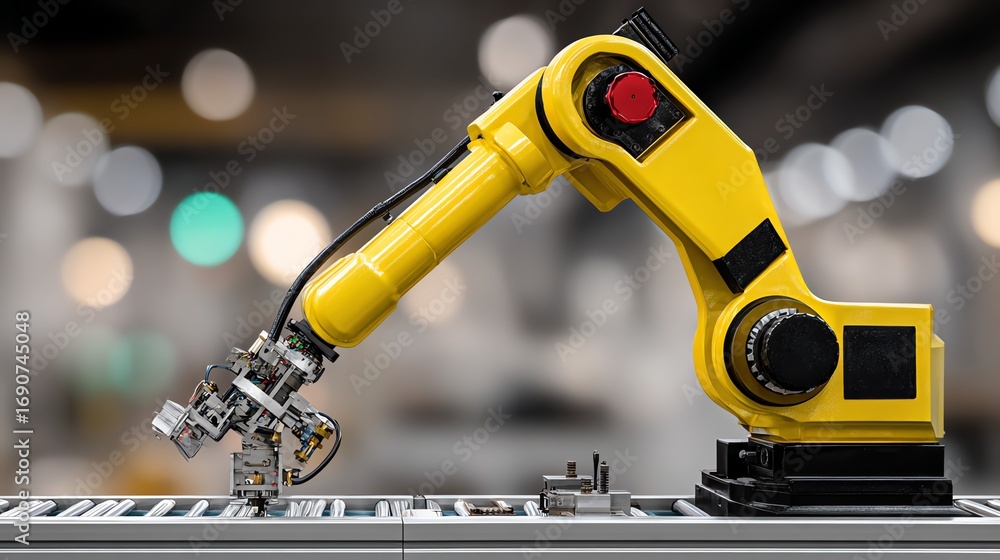 Poster a vibrant yellow robotic arm meticulously handles components on a conveyor belt within a modern, aut