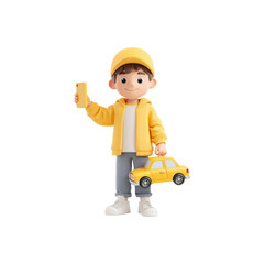 Adorable 3D Render of a Boy Holding a Toy Car and Smartphone