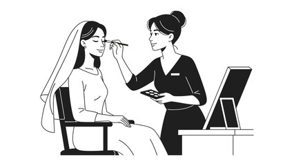 Professional makeup artist applying cosmetic makeup to a bride wearing a veil and wedding dress in a salon setting