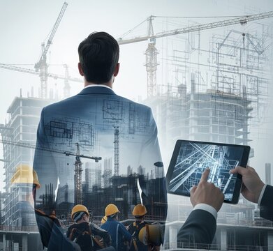  rear view of professional engineer manager standing concentrate focus multi exposure with building construction industry background construstion engineer concept