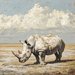 Fototapeta premium Majestic Rhinoceros Under Cloudy Sky: Witness the stoic presence of a rhinoceros against a canvas of vast, open land under a dramatic, cloudy sky.