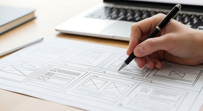 Close up of a persons hand drawing a website wireframe on paper with a pen, with a laptop and book in the background on a wooden desk