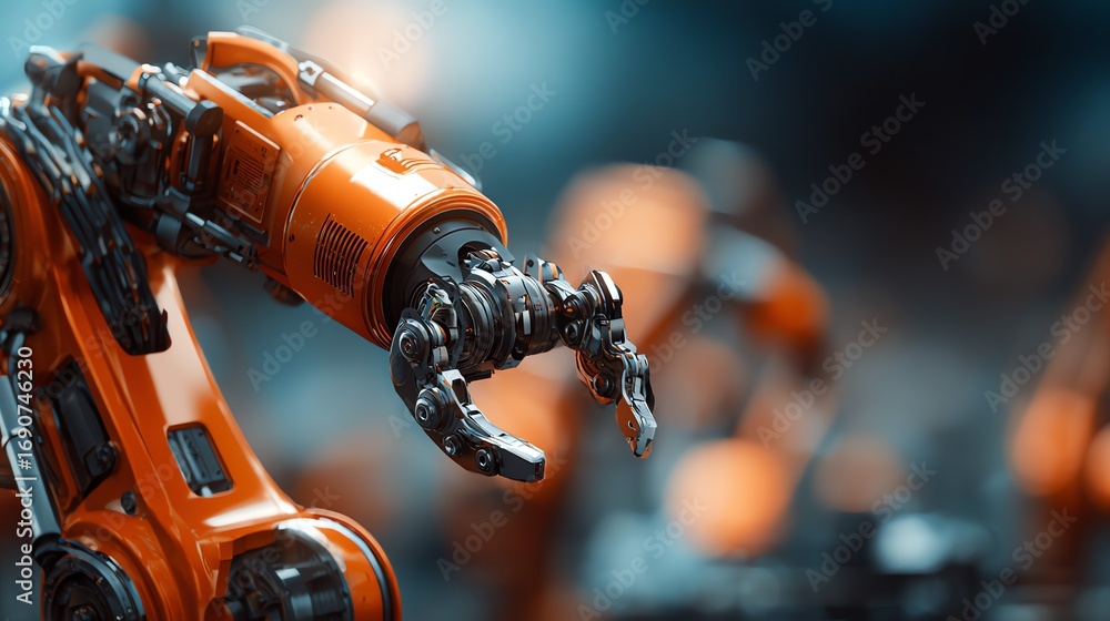 Poster an orange robotic arm extends with precision, showcasing advanced engineering and automation in a bl