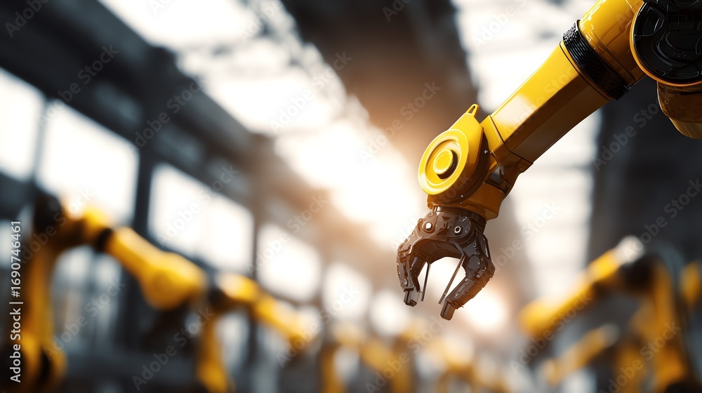 Poster a close-up view showcases a yellow robotic arm with a gripping claw, set within a modern industrial 