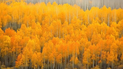 Fototapeta premium Aerial View of Golden Autumn Aspen Forest with Yellow and Orange Foliage Forming a Sea of Gold Pattern