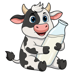 Cute cartoon cow holding a milk bottle