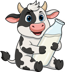 Cute cartoon cow holding a milk bottle