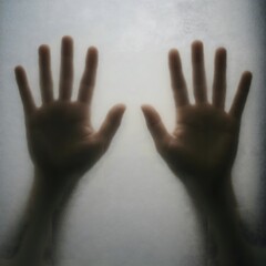 Hands pressed on frosted glass window.