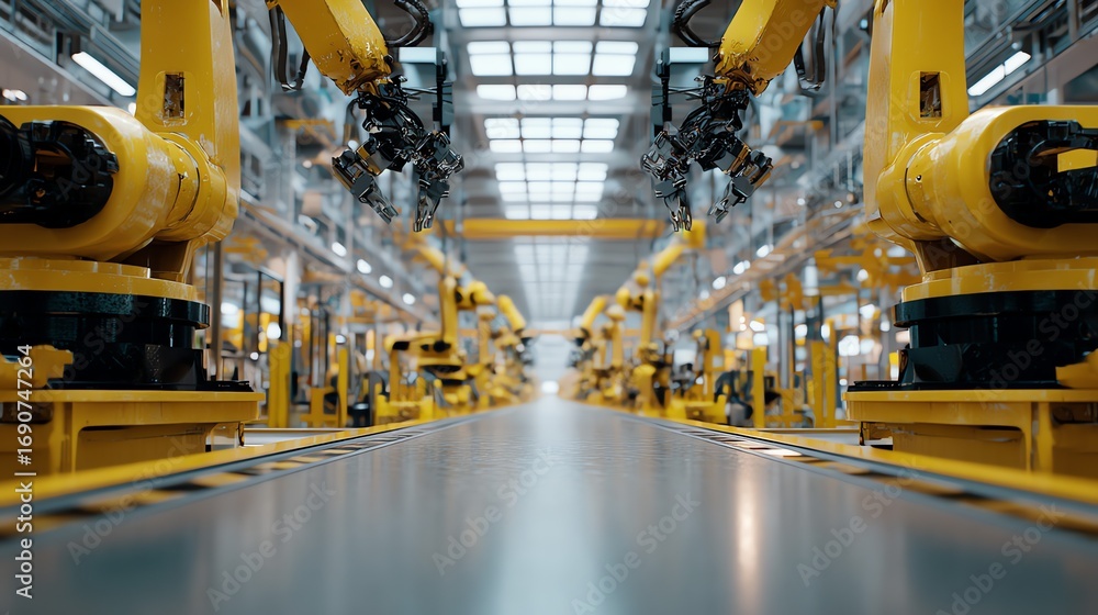 Poster a symmetrical view down a modern factory aisle showcases rows of bright yellow robotic arms poised f