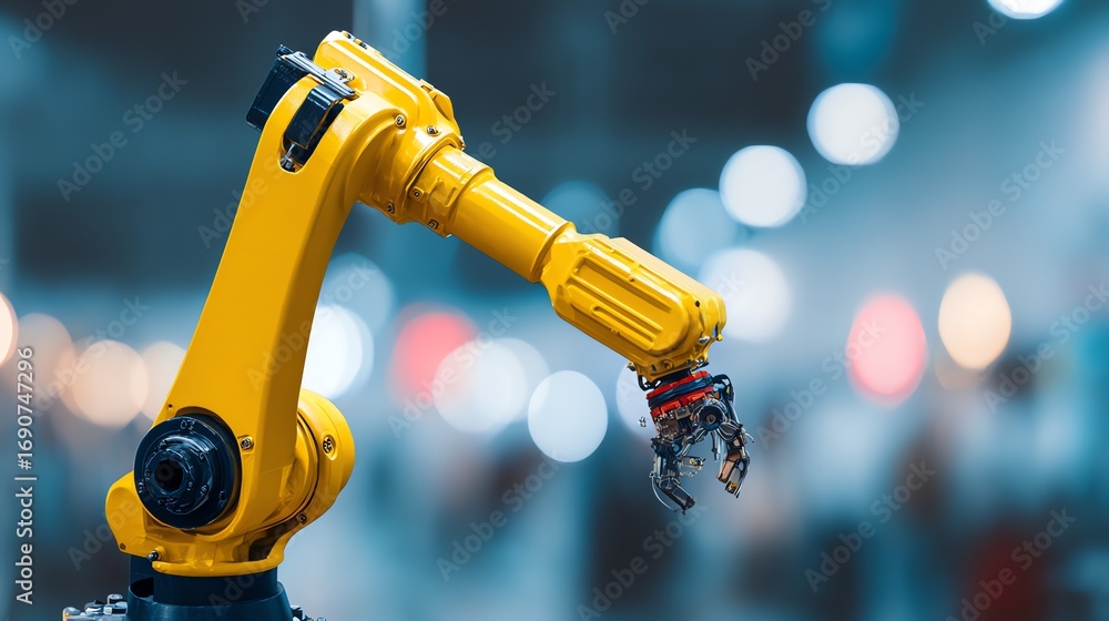 Poster a vibrant yellow robotic arm extends with precision, showcasing the intersection of technology and a