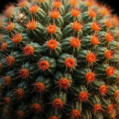 Rebutia cactus cluster, small round green bodies, covered with fine spines, blooming vibrant orange-red flowers all over, macro botanical photography