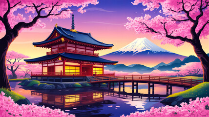 Obraz premium Digital art of traditional Japanese temple, serene, Mount Fuji background