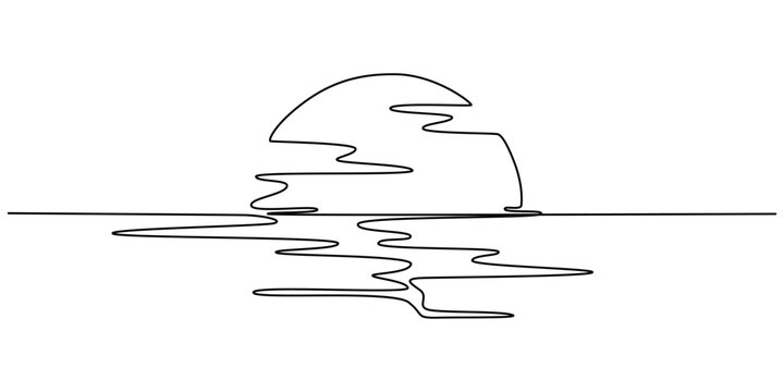 Sunset and cloud continuous one line drawing of minimalist outline vector design, sunset,sunrise, beach, palm tree in single line draw illustration. Editable stroke, landscape with sun and beach in on