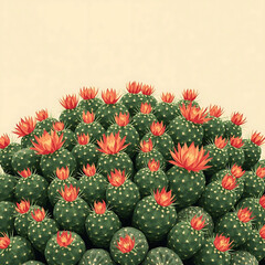 Rebutia cactus cluster, small round green bodies, covered with fine spines, blooming vibrant orange-red flowers all over, macro botanical photography