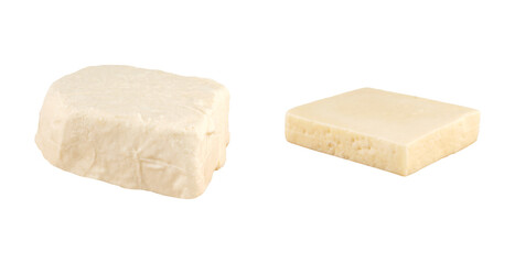Erzincan and İzmir tulum cheeses arranged side by side on white background, highlighting regional differences within traditional Turkish goat cheese.
