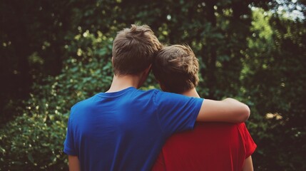 Fototapeta premium Two boy friends hugging wearing blue and red, friendship concept