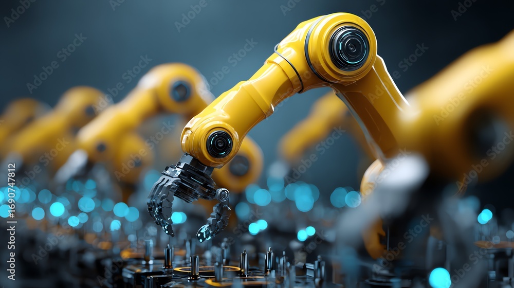 Poster a vibrant depiction of robotic automation showcases a yellow robotic arm precisely manipulating meta