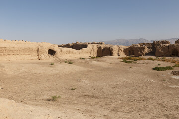 Ancient mud brick ruins in the desert landscape of Balkh Province in northern Afghanistan