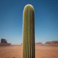 Cereus cactus, tall columnar shape, growing in desert landscape, blue sky background, realistic botanical photography