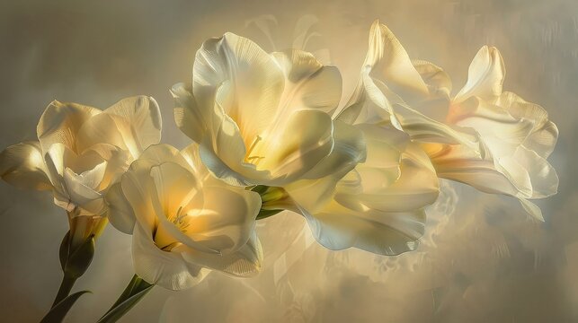 A close up of a cluster of white flowers with soft lighting and a diffused background effect used