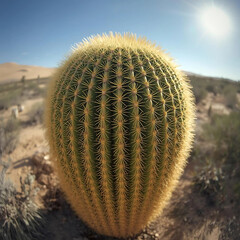 Ferocactus cactus, large barrel shape with thick golden spines, desert background, realistic botanical photography, sharp details