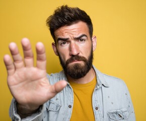 Obraz premium A man with a serious expression and outstretched hand conveys a message of refusal against a vibrant yellow backdrop.