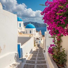 Fototapeta premium Picturesque Santorini Alley with Blue Domed Church and Bougainvillea